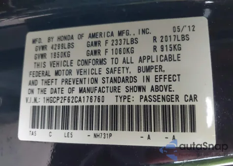 2012 Honda Accord 2.4 Se from USA, damaged, VIN 1HGCP2F62CA176760